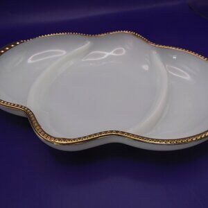serving relish dish Anchor Hocking milk glass Fire-King hobnail and gold trim